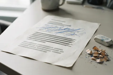 A printed paragraph with sentences crossed out and rewritten by hand, showing paraphrase edits.
