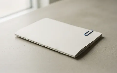 A single plain saddle-stitched magazine with a blank cover and a blue paper clip on its edge.