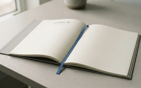 A plain magazine lying open on a blank double page with a blue bookmark.
