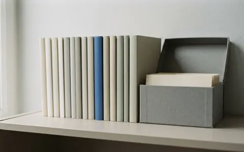 A row of plain magazines on a shelf with blank spines, one in blue, beside an open grey archival box.
