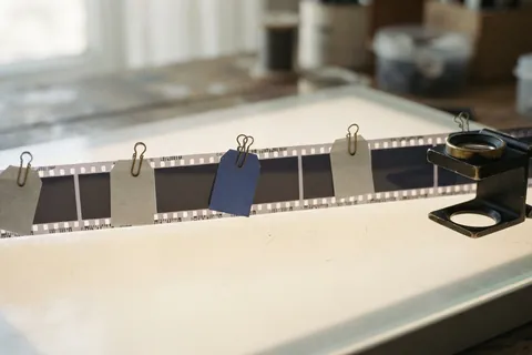 A strip of video frames laid out on a light table, each frame tagged with a test label.
